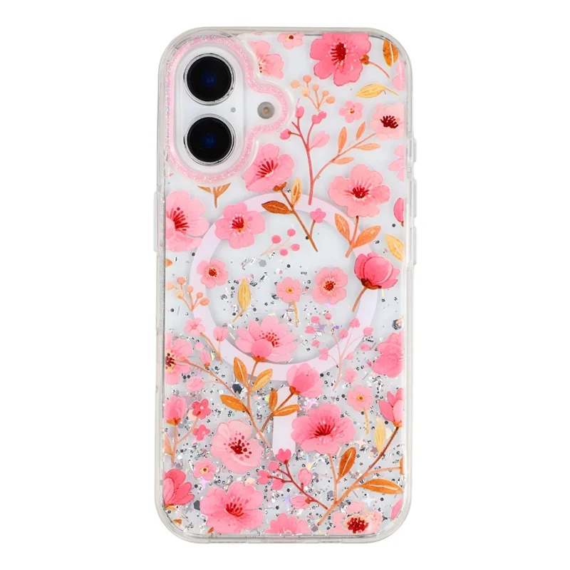 For iPhone 16 Magnetic Case Glitter Epoxy PC + TPU Floral Aesthetic Phone Cover - Pink Peach Blossoms