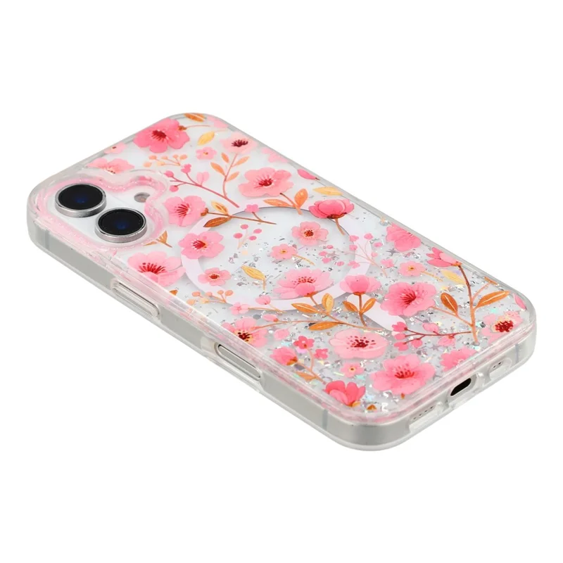 For iPhone 16 Magnetic Case Glitter Epoxy PC + TPU Floral Aesthetic Phone Cover - Pink Peach Blossoms