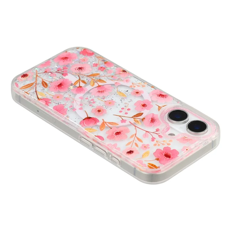For iPhone 16 Magnetic Case Glitter Epoxy PC + TPU Floral Aesthetic Phone Cover - Pink Peach Blossoms