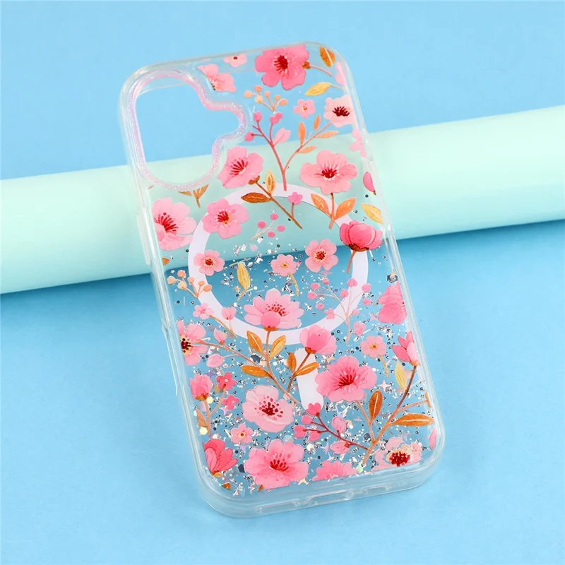 For iPhone 16 Magnetic Case Glitter Epoxy PC + TPU Floral Aesthetic Phone Cover - Pink Peach Blossoms