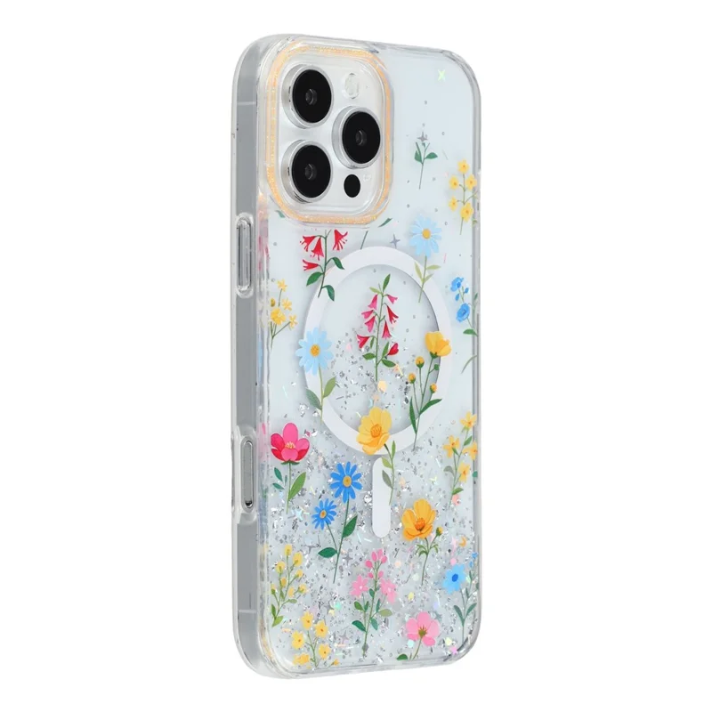 For iPhone 16 Pro Max Magnetic Case Glitter Epoxy PC + TPU Floral Aesthetic Phone Cover - Daisies