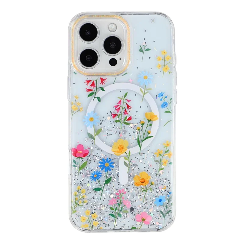 For iPhone 16 Pro Max Magnetic Case Glitter Epoxy PC + TPU Floral Aesthetic Phone Cover - Daisies