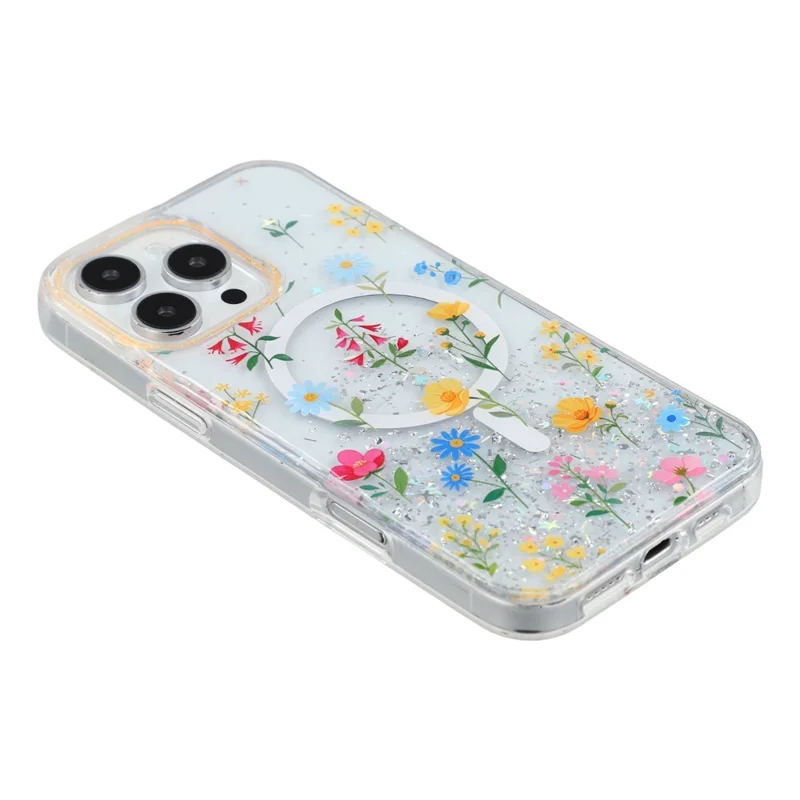 For iPhone 16 Pro Max Magnetic Case Glitter Epoxy PC + TPU Floral Aesthetic Phone Cover - Daisies