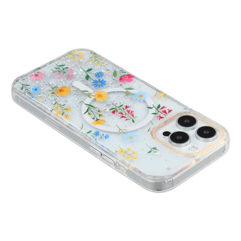 For iPhone 16 Pro Max Magnetic Case Glitter Epoxy PC + TPU Floral Aesthetic Phone Cover - Daisies