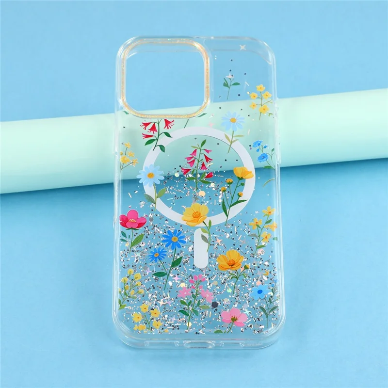 For iPhone 16 Pro Max Magnetic Case Glitter Epoxy PC + TPU Floral Aesthetic Phone Cover - Daisies