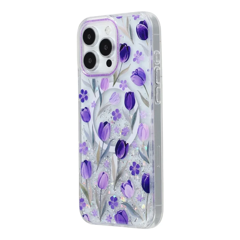 For iPhone 15 Pro Max Magnetic Case Glitter Epoxy PC + TPU Floral Aesthetic Phone Cover - Purple Tulips