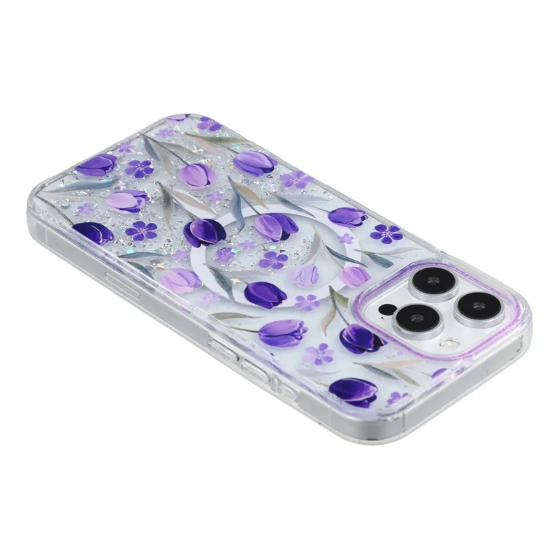 For iPhone 15 Pro Max Magnetic Case Glitter Epoxy PC + TPU Floral Aesthetic Phone Cover - Purple Tulips