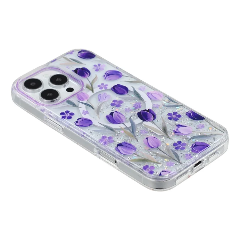 For iPhone 15 Pro Max Magnetic Case Glitter Epoxy PC + TPU Floral Aesthetic Phone Cover - Purple Tulips