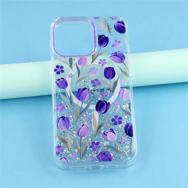 For iPhone 15 Pro Max Magnetic Case Glitter Epoxy PC + TPU Floral Aesthetic Phone Cover - Purple Tulips
