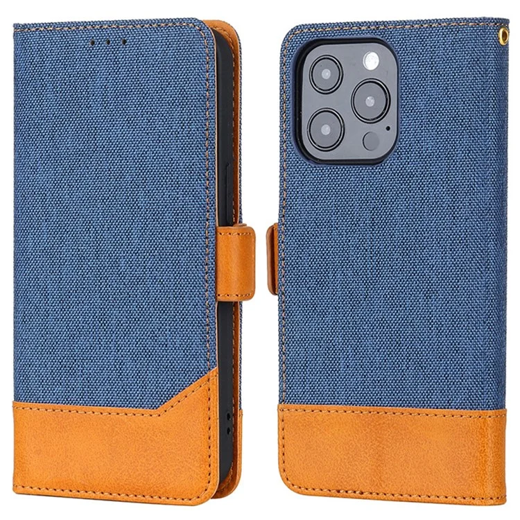 Bi-color Design Phone Stand Bag Для Iphone 14 Pro Max, Против Царапины Canvas+PU Кожа+tpu Магнитная Застежка Кошелька - Синий