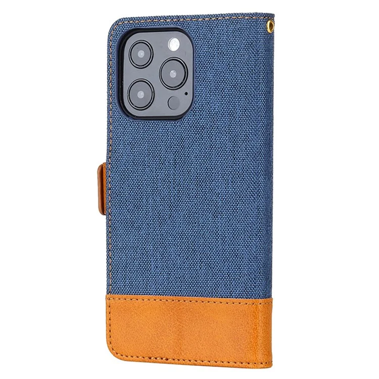 Bi-color Design Phone Stand Bag Для Iphone 14 Pro Max, Против Царапины Canvas+PU Кожа+tpu Магнитная Застежка Кошелька - Синий
