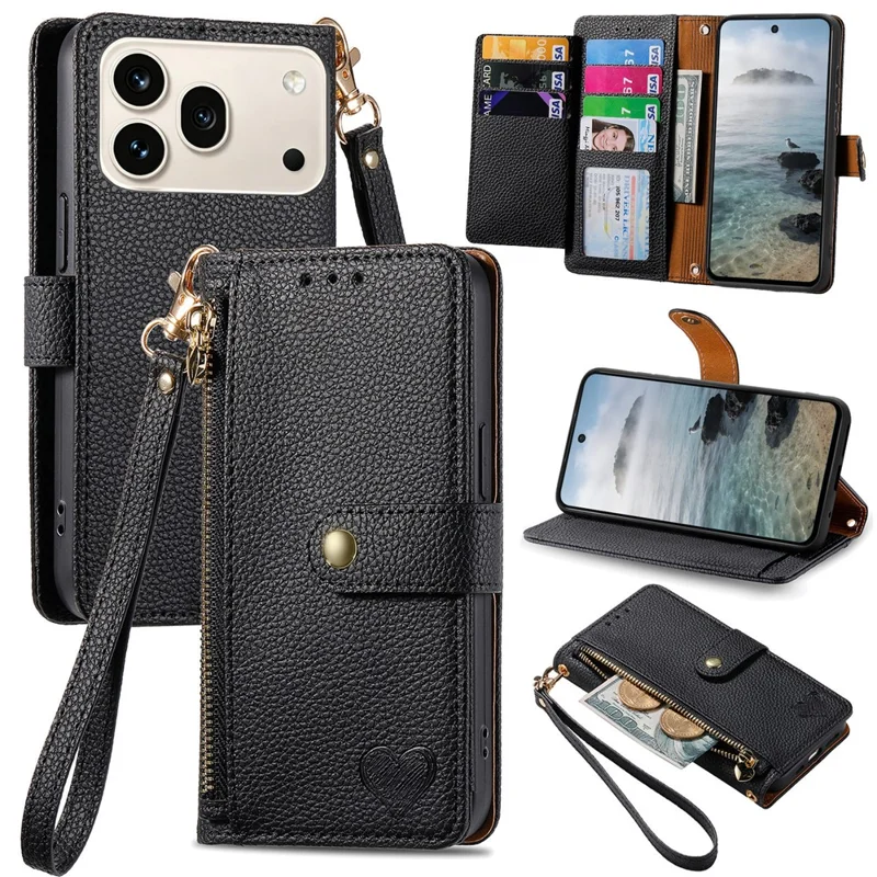 For Honor 600 5G / 600 Pro 5G Case RFID Blocking Zipper Pocket Leather Wallet Phone Cover with Strap - Black