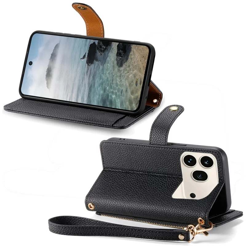 For Honor 600 5G / 600 Pro 5G Case RFID Blocking Zipper Pocket Leather Wallet Phone Cover with Strap - Black