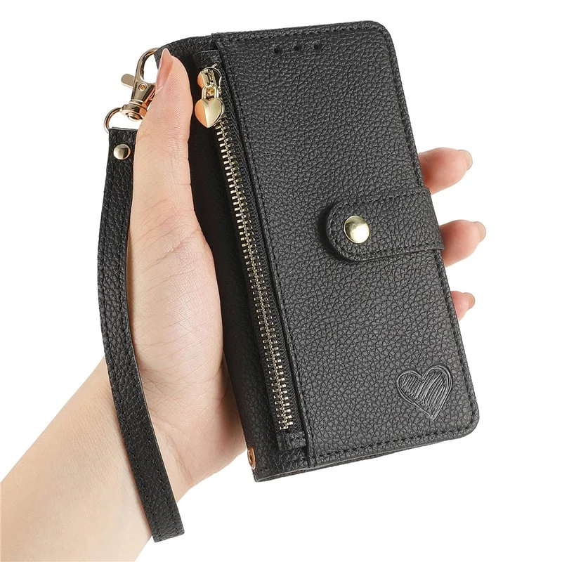 For Honor 600 5G / 600 Pro 5G Case RFID Blocking Zipper Pocket Leather Wallet Phone Cover with Strap - Black