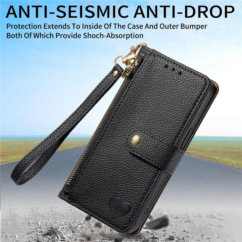 For Honor 600 5G / 600 Pro 5G Case RFID Blocking Zipper Pocket Leather Wallet Phone Cover with Strap - Black