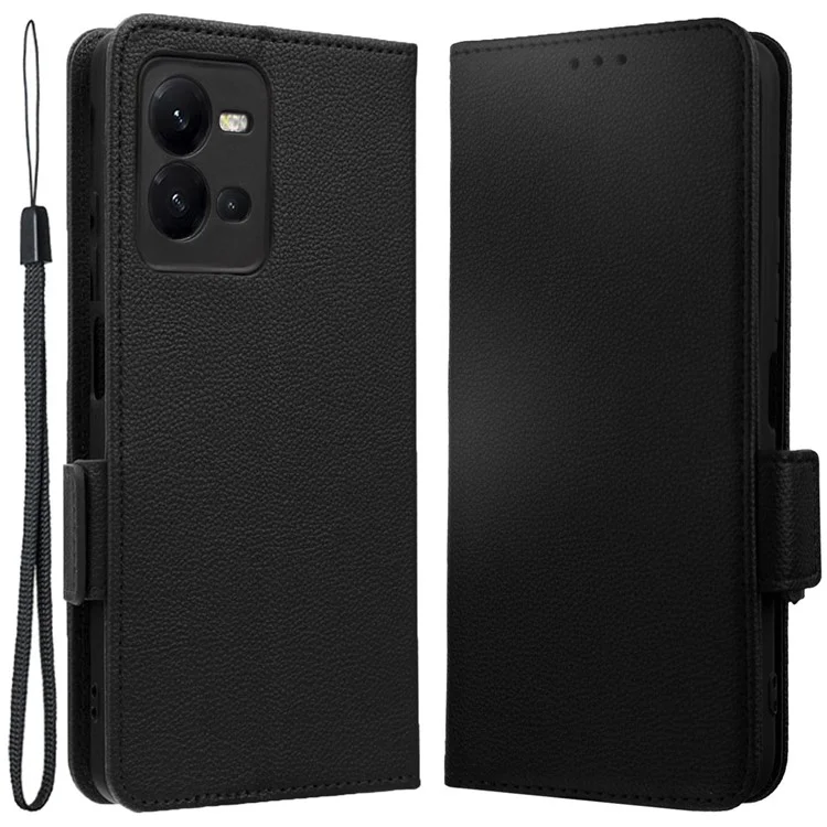 Für vivo V25 5G / V25e 4G / X80 Lite 5G Litchi Texture Wallet Phone Case PU Leder Flip Stand Dual Magnetic Verschluss Schutzhülle mit Gurt - Schwarz