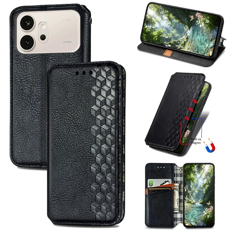 For Honor 600 5G / 600 Pro 5G Case Rhombus Imprint PU Leather Wallet Phone Cover - Black