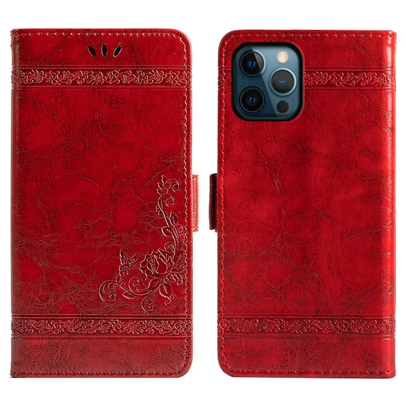 For iPhone 14 Pro Waxy Texture Leather Cell Phone Case Wallet Imprinted Flower Folio Cover Stand Shell - Red