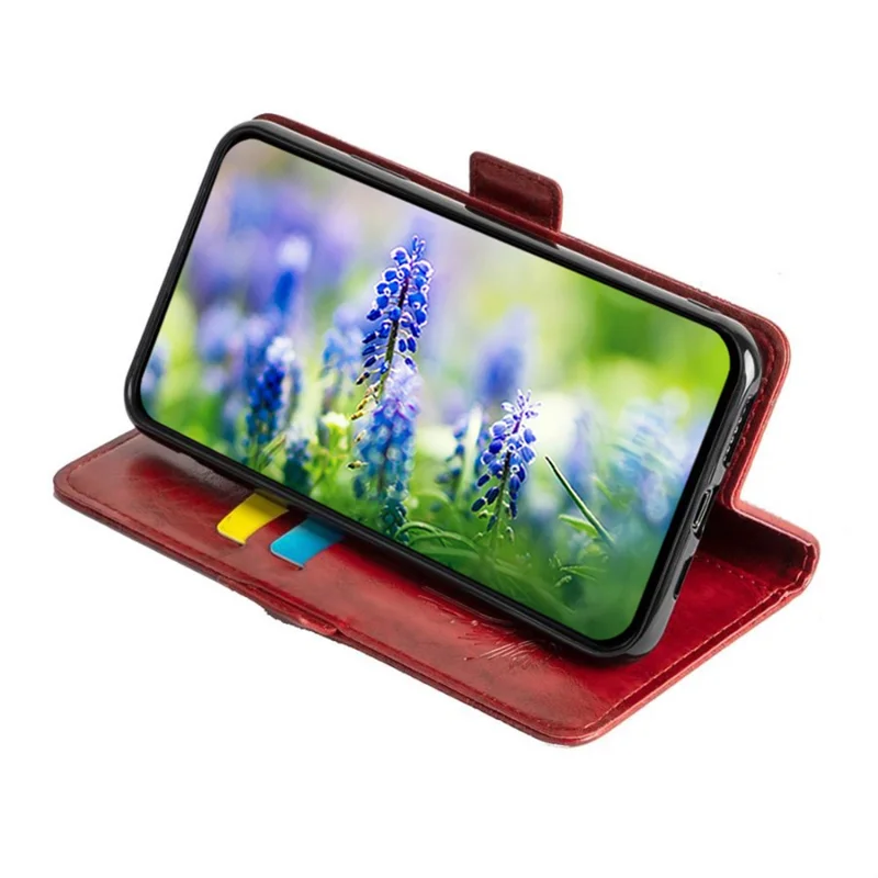 For iPhone 14 Pro Waxy Texture Leather Cell Phone Case Wallet Imprinted Flower Folio Cover Stand Shell - Red