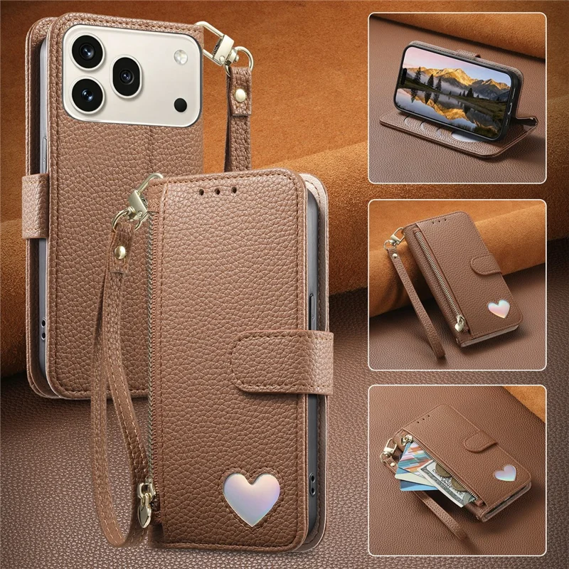 For Honor 600 5G / 600 Pro 5G Case Zipper Pocket TPU PU Leather Wallet Phone Cover with Strap - Brown