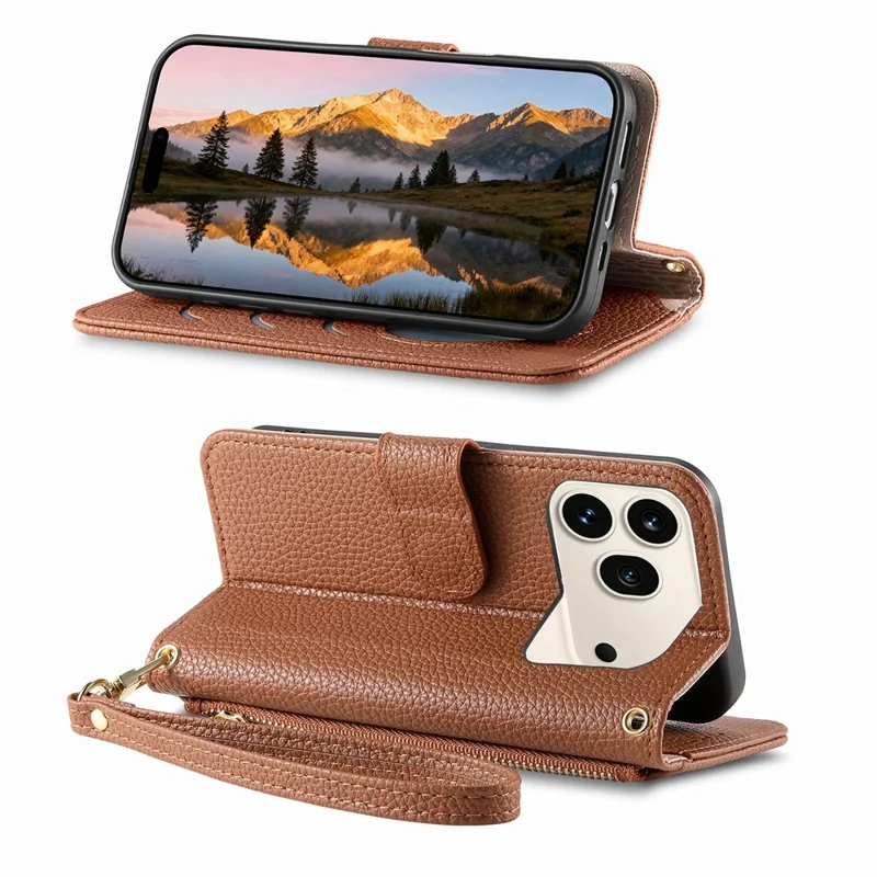 For Honor 600 5G / 600 Pro 5G Case Zipper Pocket TPU PU Leather Wallet Phone Cover with Strap - Brown
