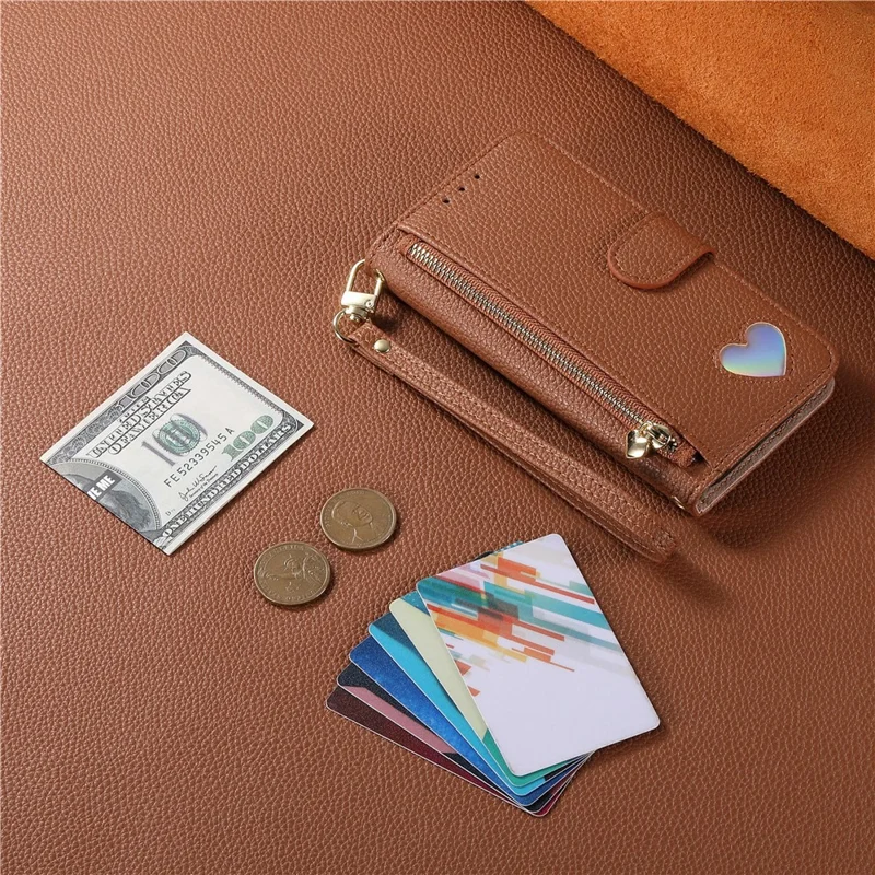 For Honor 600 5G / 600 Pro 5G Case Zipper Pocket TPU PU Leather Wallet Phone Cover with Strap - Brown