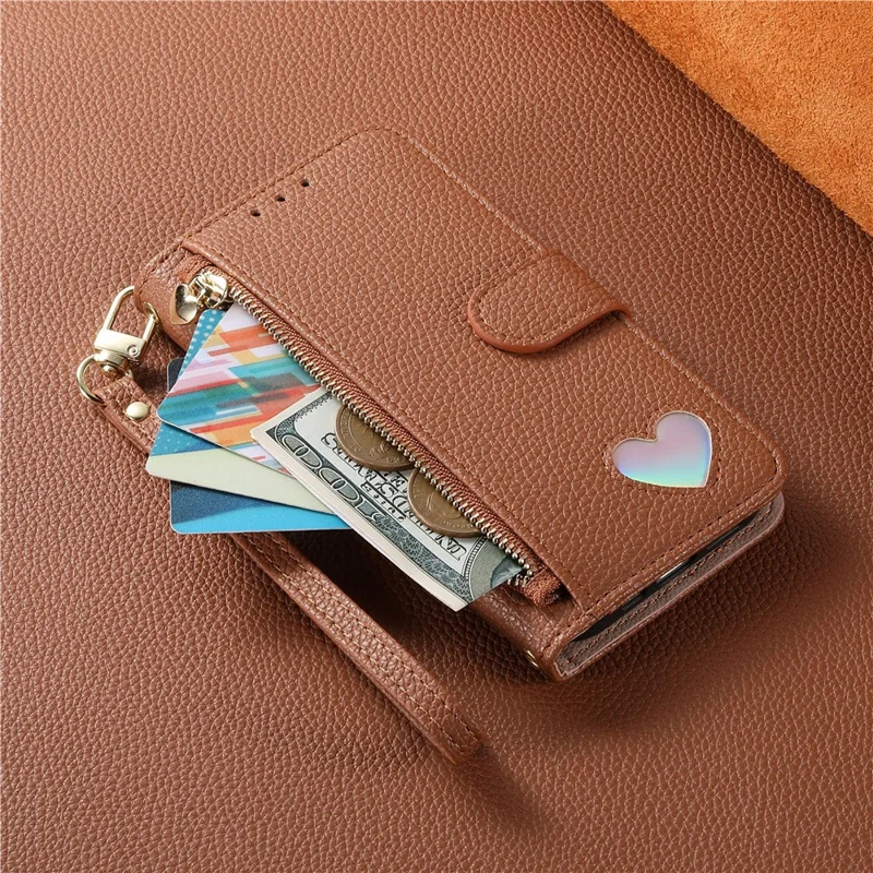For Honor 600 5G / 600 Pro 5G Case Zipper Pocket TPU PU Leather Wallet Phone Cover with Strap - Brown