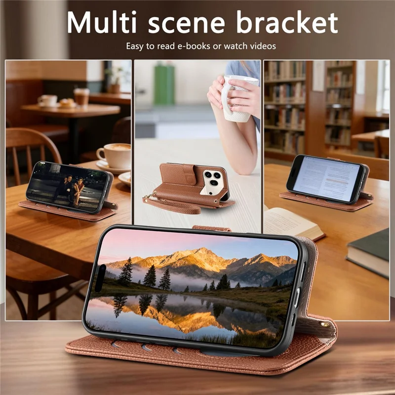 For Honor 600 5G / 600 Pro 5G Case Zipper Pocket TPU PU Leather Wallet Phone Cover with Strap - Brown