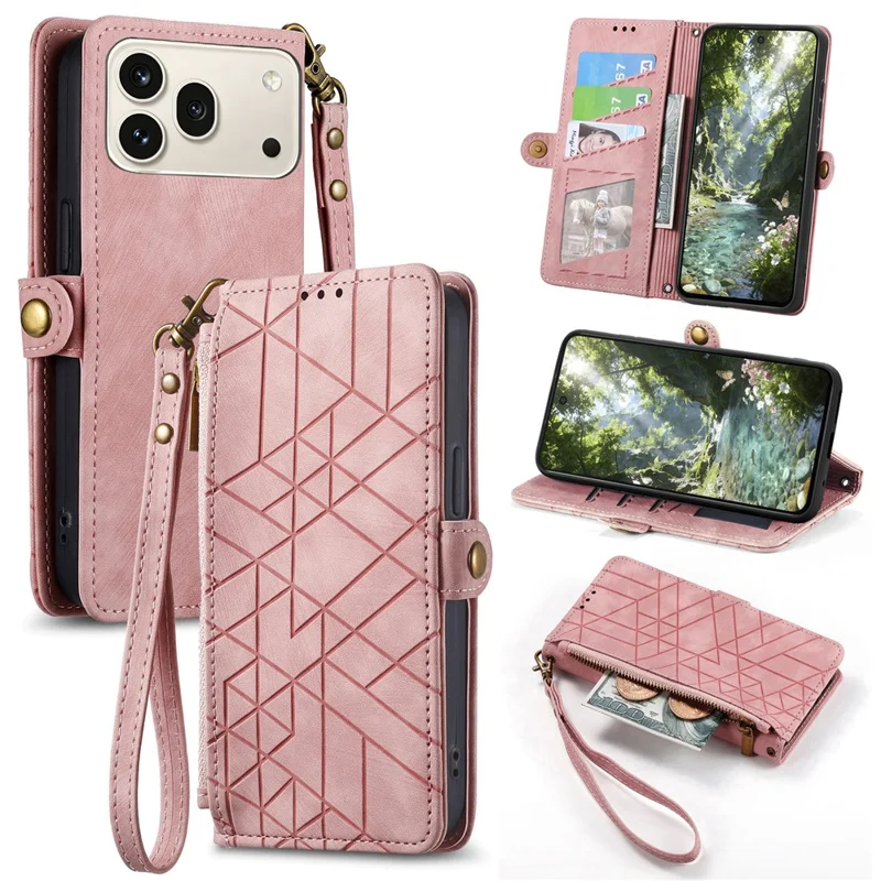 For Honor 600 5G / 600 Pro 5G Case Zipper Wallet Geometry Lines Leather Phone Cover with Strap - Pink