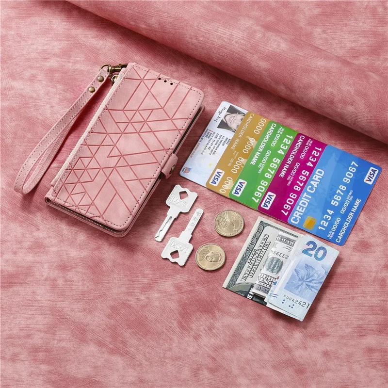 For Honor 600 5G / 600 Pro 5G Case Zipper Wallet Geometry Lines Leather Phone Cover with Strap - Pink