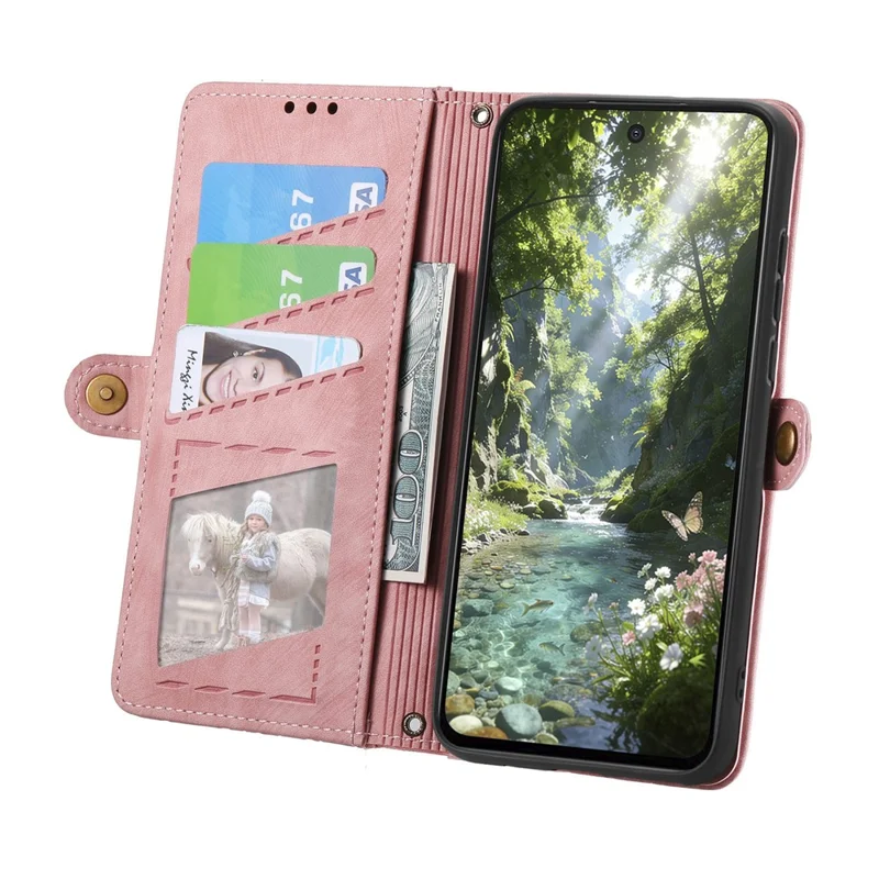 For Honor 600 5G / 600 Pro 5G Case Zipper Wallet Geometry Lines Leather Phone Cover with Strap - Pink