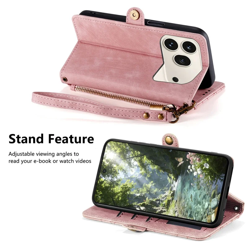 For Honor 600 5G / 600 Pro 5G Case Zipper Wallet Geometry Lines Leather Phone Cover with Strap - Pink