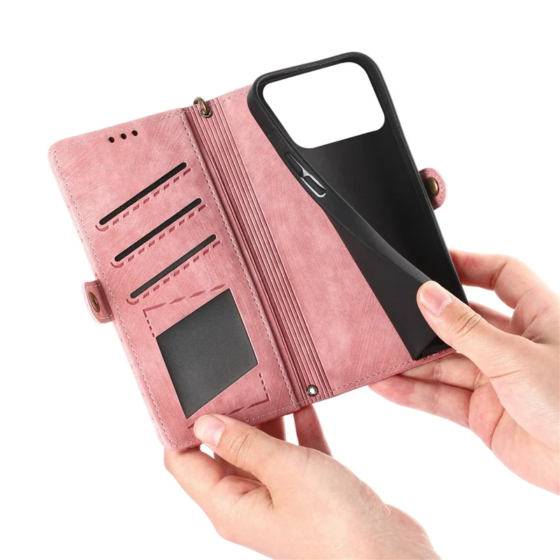 For Honor 600 5G / 600 Pro 5G Case Zipper Wallet Geometry Lines Leather Phone Cover with Strap - Pink