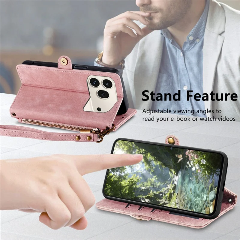 For Honor 600 5G / 600 Pro 5G Case Zipper Wallet Geometry Lines Leather Phone Cover with Strap - Pink