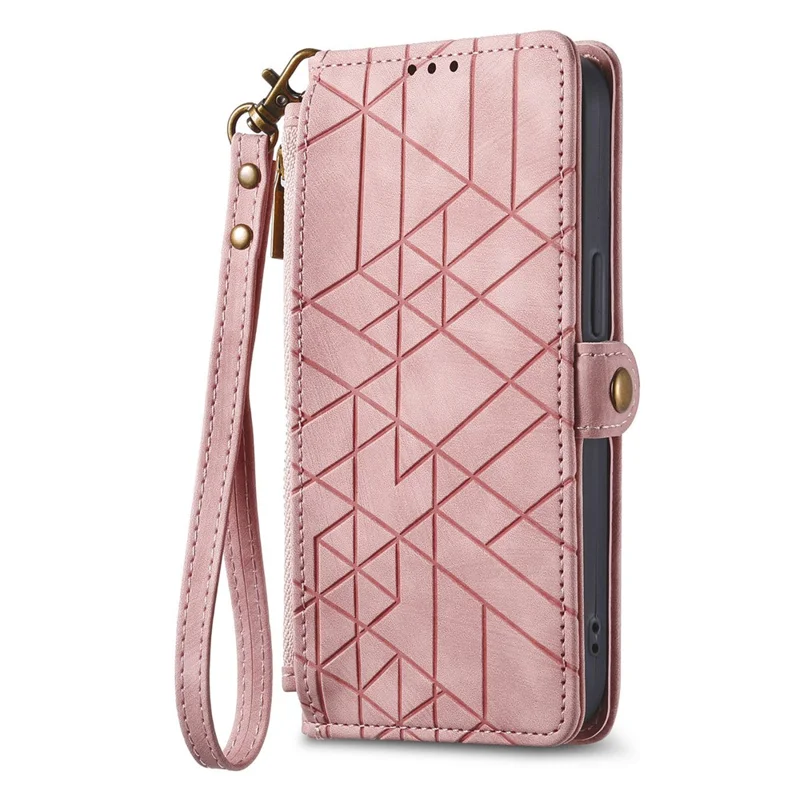 For Honor 600 5G / 600 Pro 5G Case Zipper Wallet Geometry Lines Leather Phone Cover with Strap - Pink