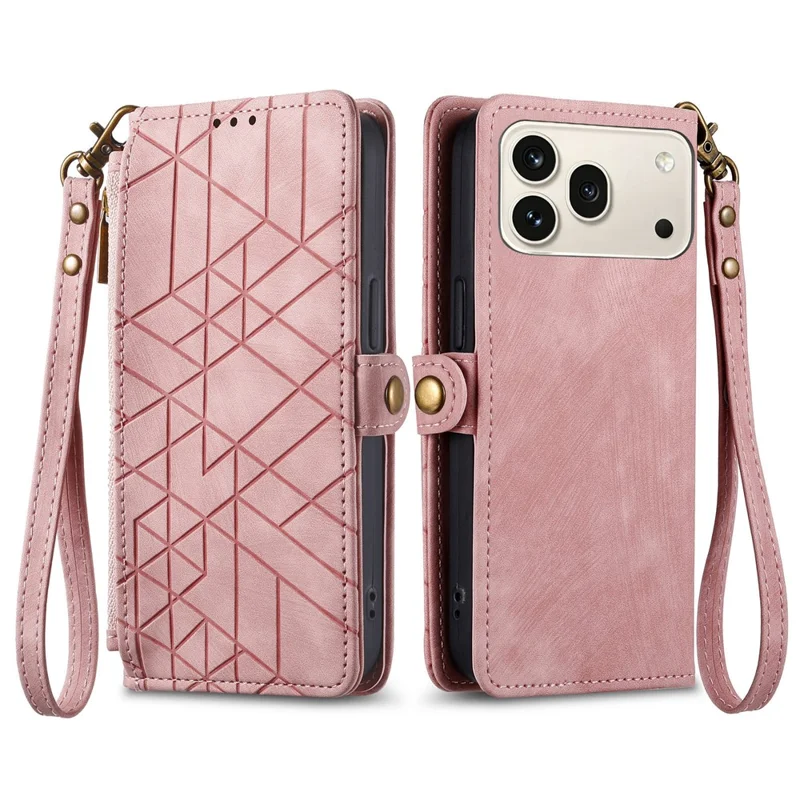 For Honor 600 5G / 600 Pro 5G Case Zipper Wallet Geometry Lines Leather Phone Cover with Strap - Pink
