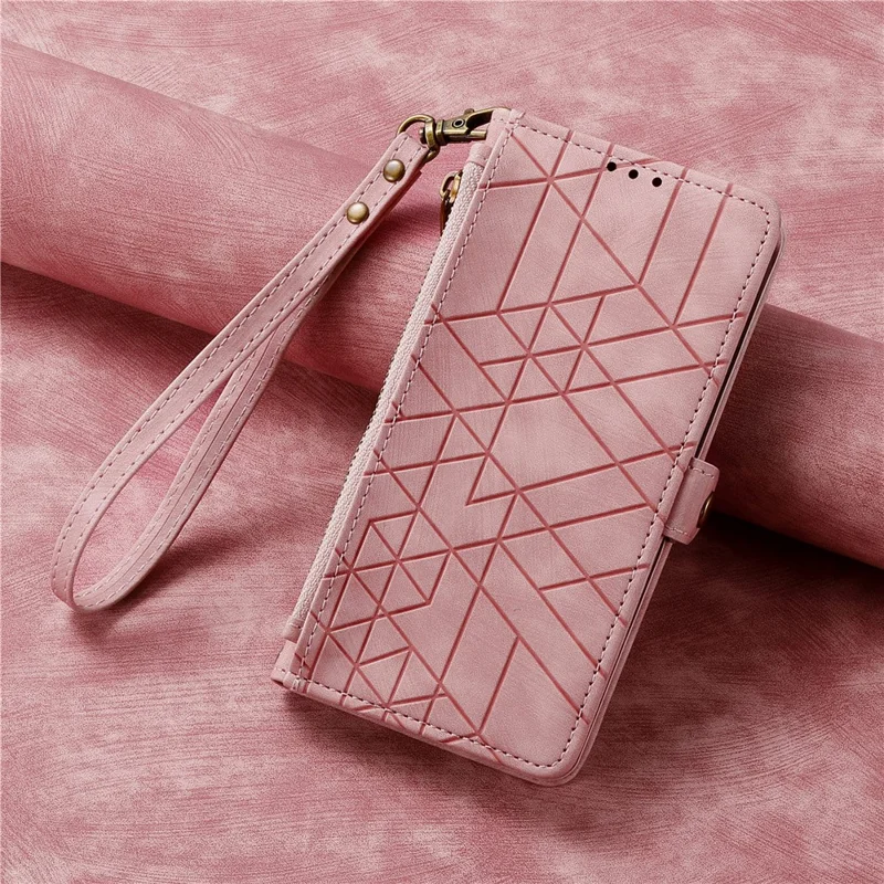 For Honor 600 5G / 600 Pro 5G Case Zipper Wallet Geometry Lines Leather Phone Cover with Strap - Pink