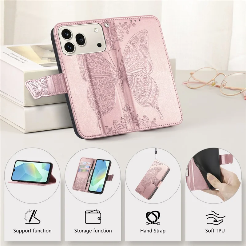 For Honor 600 5G / 600 Pro 5G Case with Strap Butterfly Pattern PU Leather Wallet Phone Cover - Rose Gold