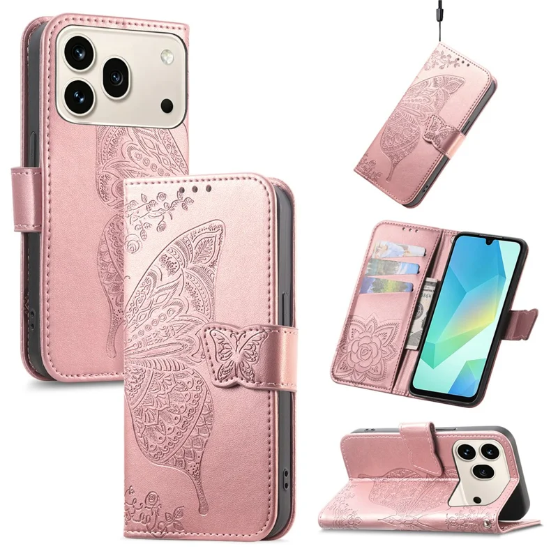 For Honor 600 5G / 600 Pro 5G Case with Strap Butterfly Pattern PU Leather Wallet Phone Cover - Rose Gold