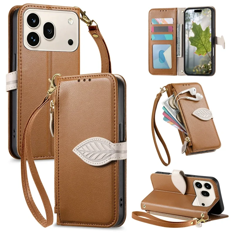 For Honor 600 5G / 600 Pro 5G Stand Case Leaf Shape Magnetic Clasp Leather Phone Cover with Hand Strap - Brown