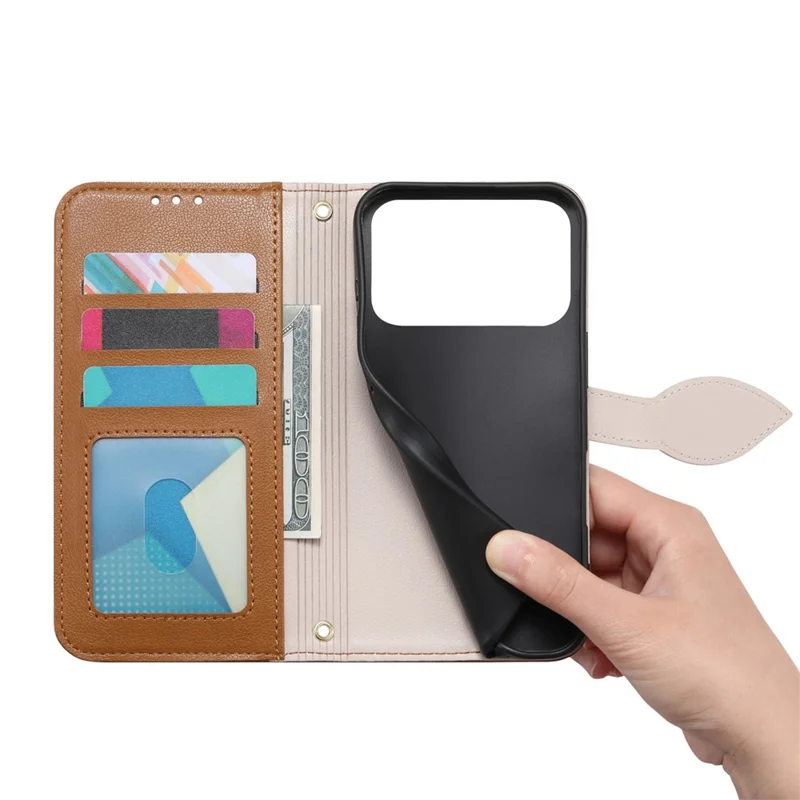 For Honor 600 5G / 600 Pro 5G Stand Case Leaf Shape Magnetic Clasp Leather Phone Cover with Hand Strap - Brown