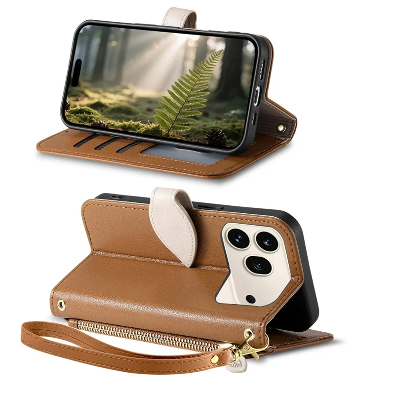 For Honor 600 5G / 600 Pro 5G Stand Case Leaf Shape Magnetic Clasp Leather Phone Cover with Hand Strap - Brown