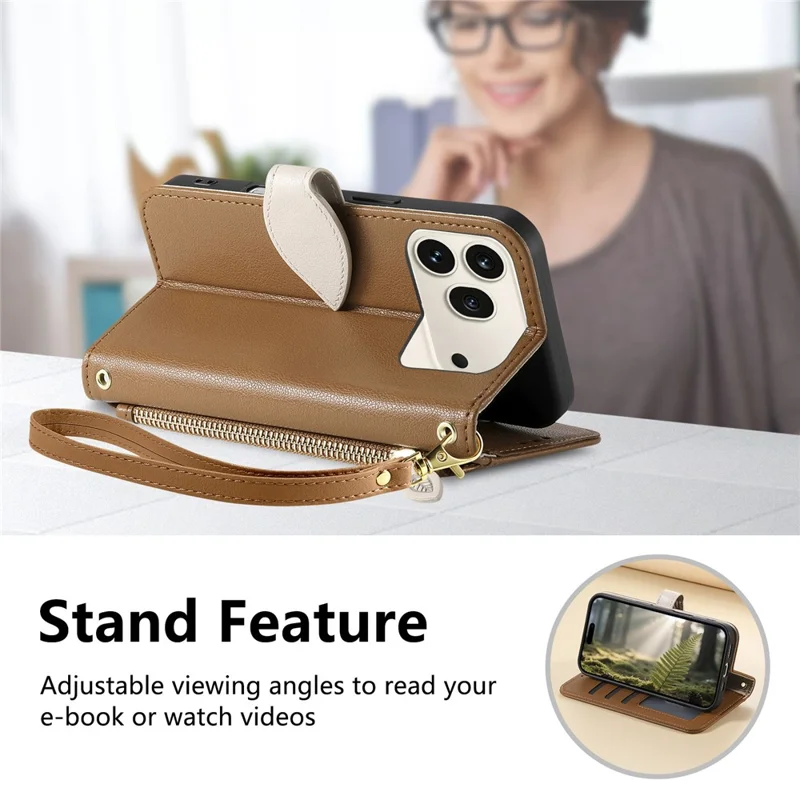 For Honor 600 5G / 600 Pro 5G Stand Case Leaf Shape Magnetic Clasp Leather Phone Cover with Hand Strap - Brown