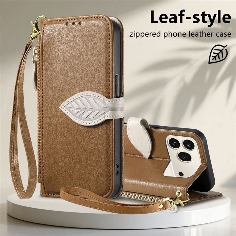 For Honor 600 5G / 600 Pro 5G Stand Case Leaf Shape Magnetic Clasp Leather Phone Cover with Hand Strap - Brown