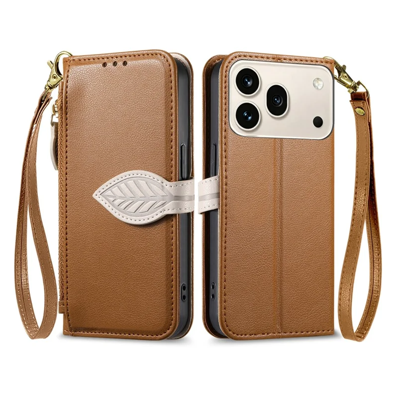For Honor 600 5G / 600 Pro 5G Stand Case Leaf Shape Magnetic Clasp Leather Phone Cover with Hand Strap - Brown
