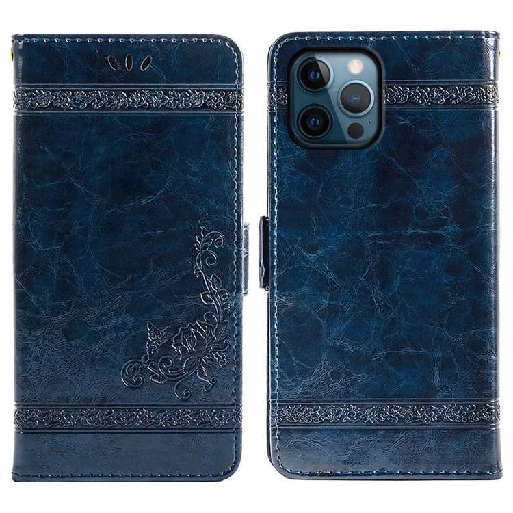 Für Iphone 14 Pro Max Wallet Phone Case Waxy Textur Eingeprägte Blume Anti-kratzer Folio Cover PU Lederstand Shell - Blau
