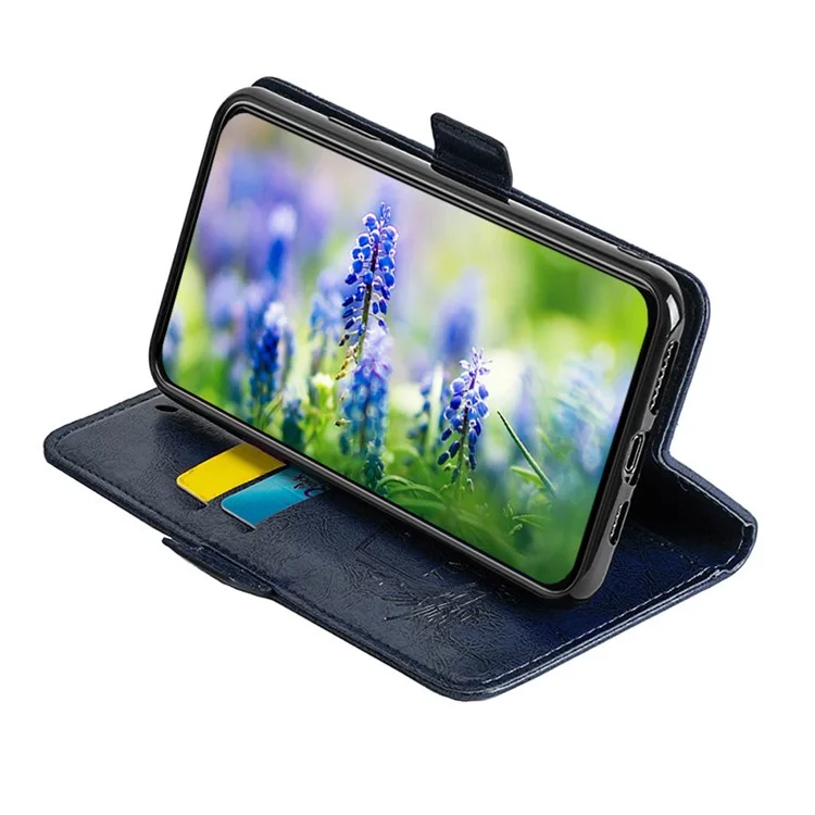 Für Iphone 14 Pro Max Wallet Phone Case Waxy Textur Eingeprägte Blume Anti-kratzer Folio Cover PU Lederstand Shell - Blau
