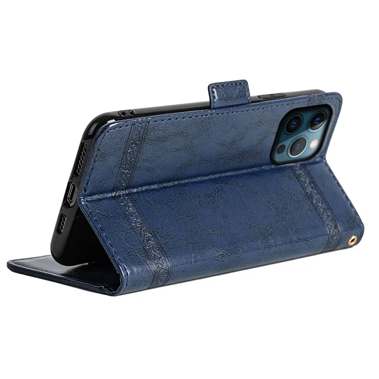 Für Iphone 14 Pro Max Wallet Phone Case Waxy Textur Eingeprägte Blume Anti-kratzer Folio Cover PU Lederstand Shell - Blau