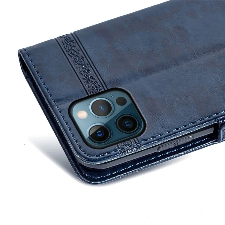 Für Iphone 14 Pro Max Wallet Phone Case Waxy Textur Eingeprägte Blume Anti-kratzer Folio Cover PU Lederstand Shell - Blau