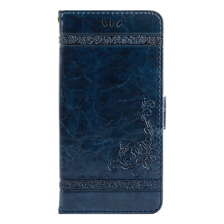 Für Iphone 14 Pro Max Wallet Phone Case Waxy Textur Eingeprägte Blume Anti-kratzer Folio Cover PU Lederstand Shell - Blau
